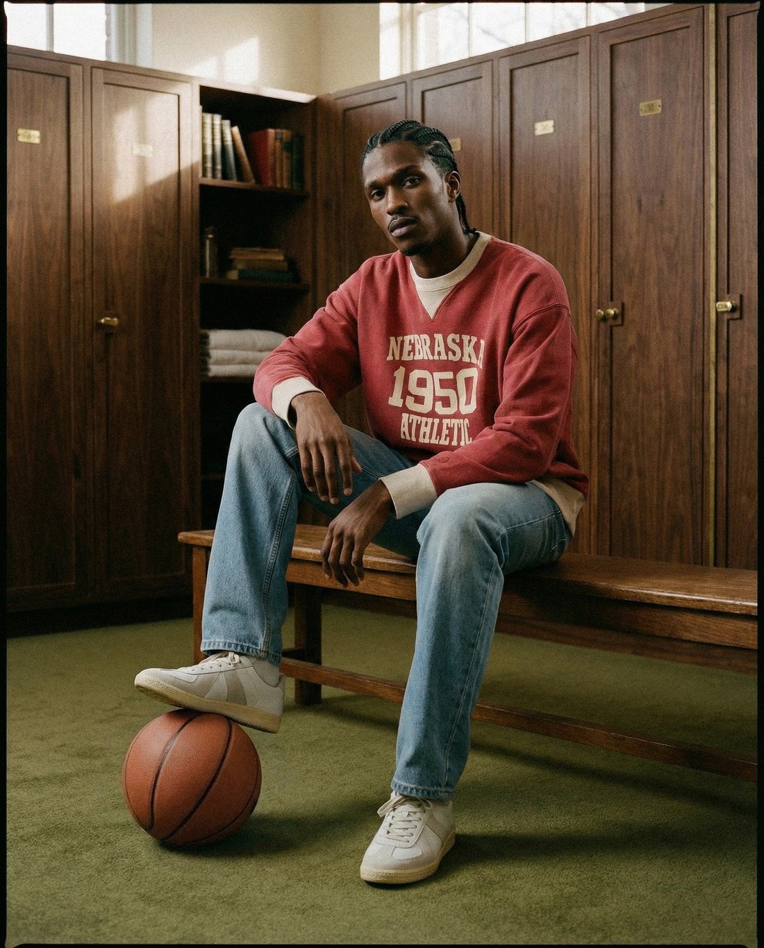 Champion Heritage — red Nebraska crewneck on the bench