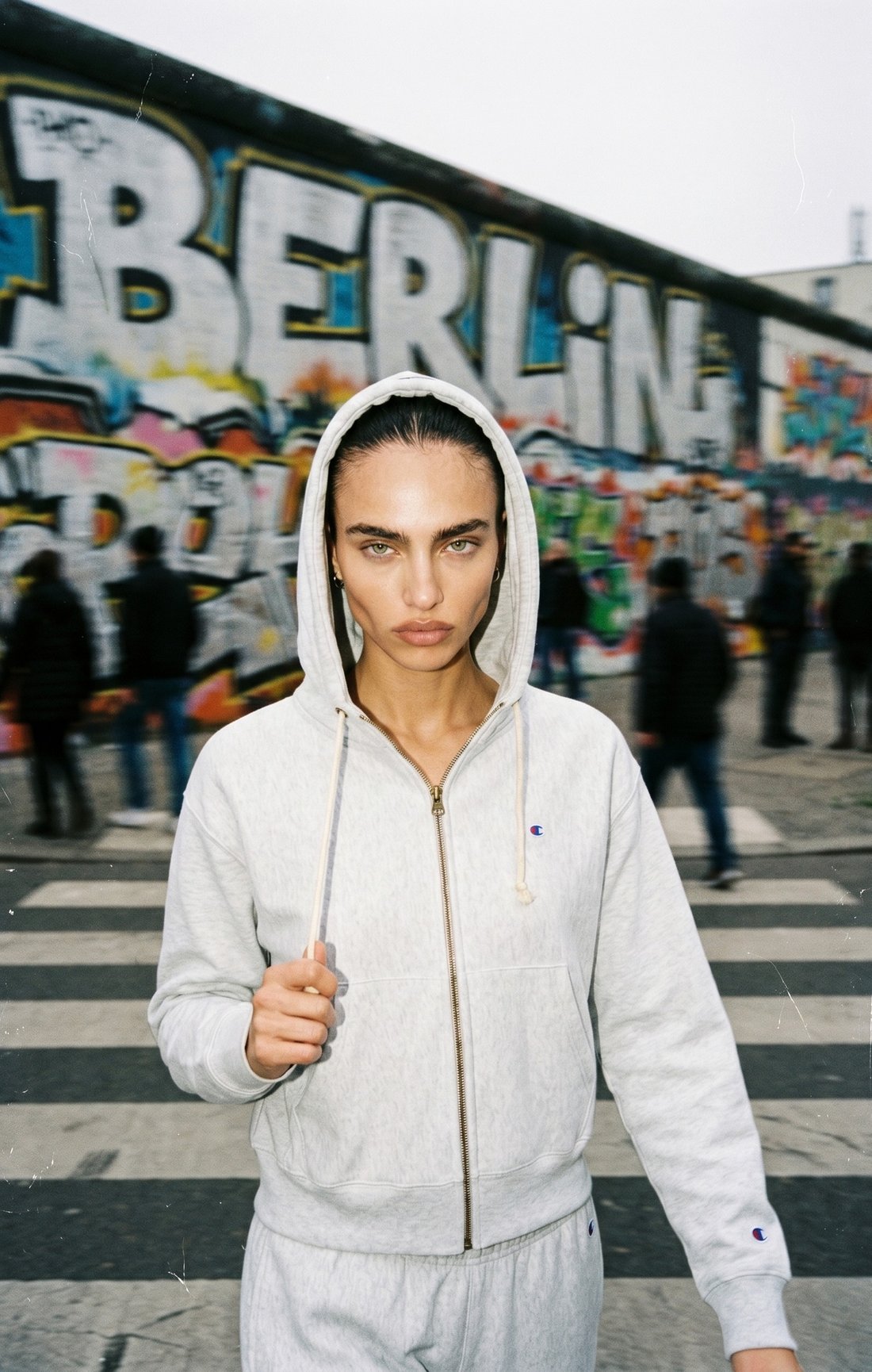 Champion Youth — grey zip hoodie, Berlin wall