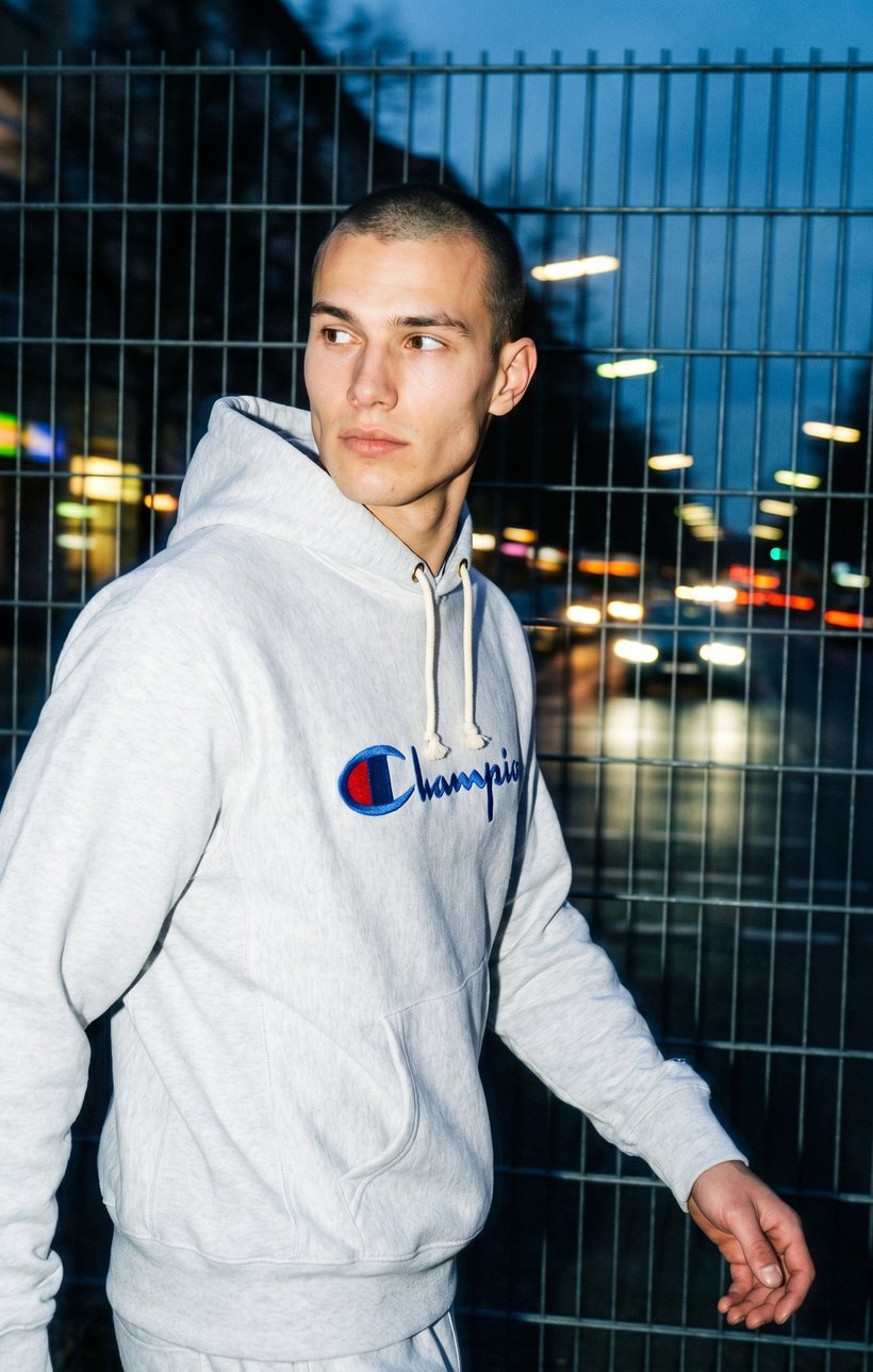 Champion Youth — grey hoodie at night