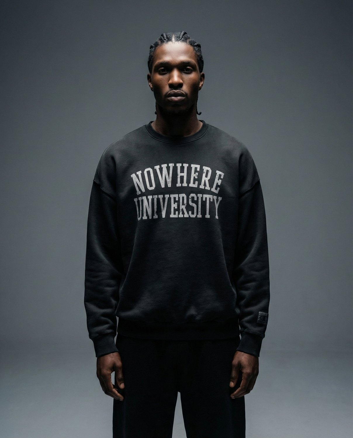 Champion — editorial, Nowhere University crewneck, front