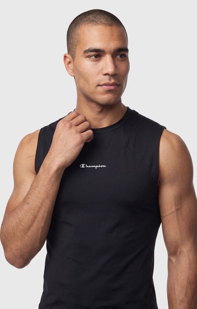 Champion — PDP-02 · Close-up, black tank and shorts
