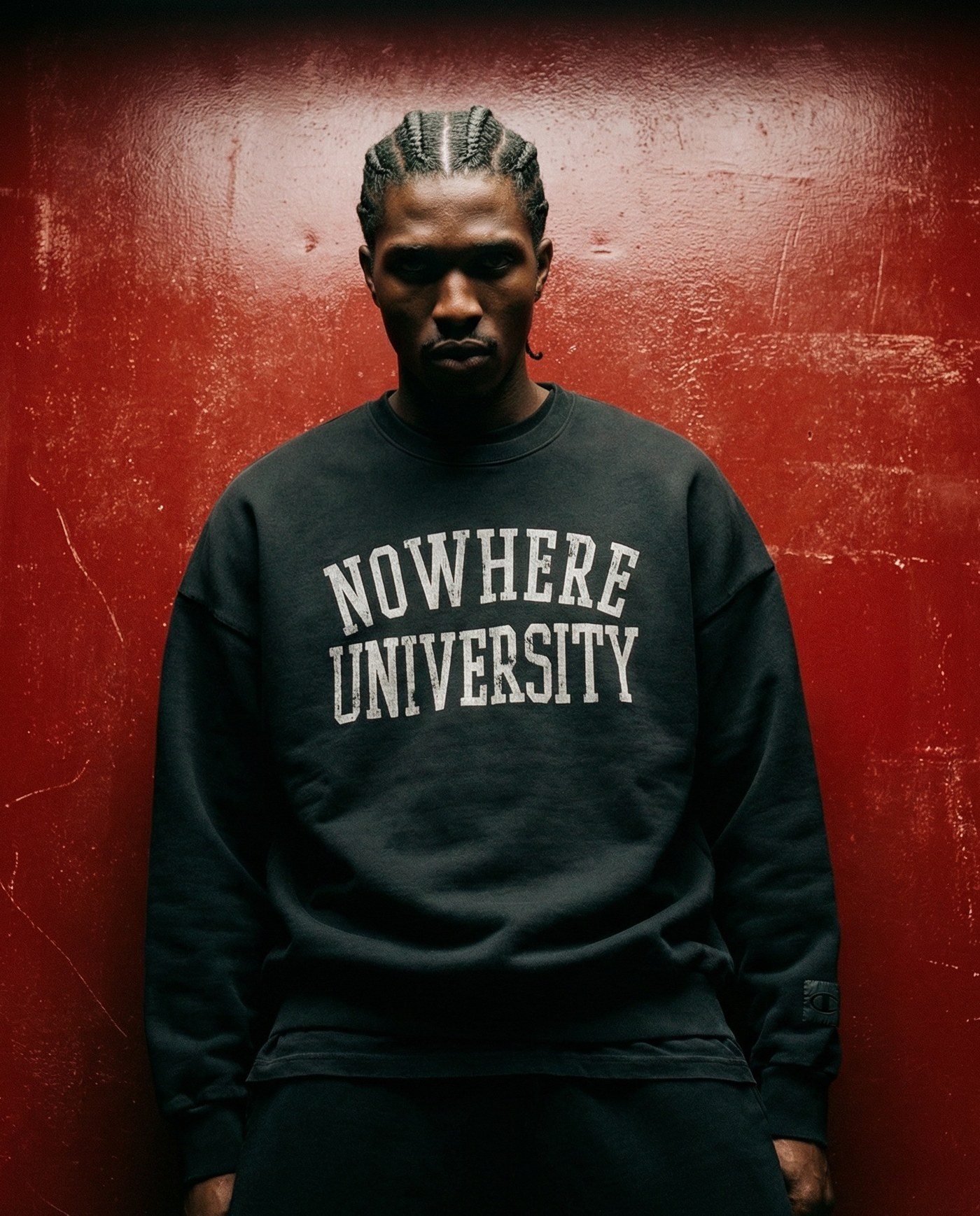 Champion — Nowhere University crewneck against a red wall
