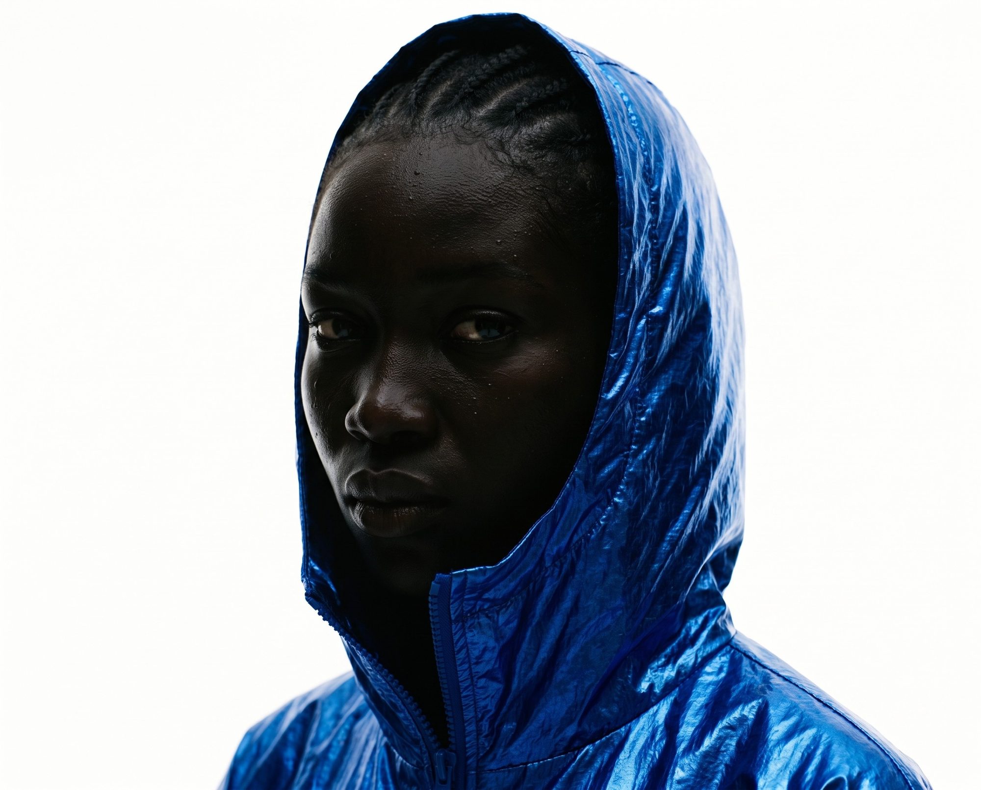 AI fashion editorial: model in a cobalt crinkled-nylon hood, in profile on white