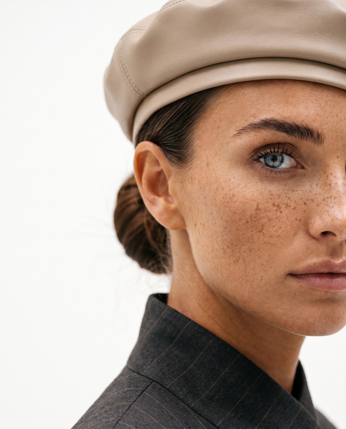 Republica — close portrait, leather beret and pinstripe jacket