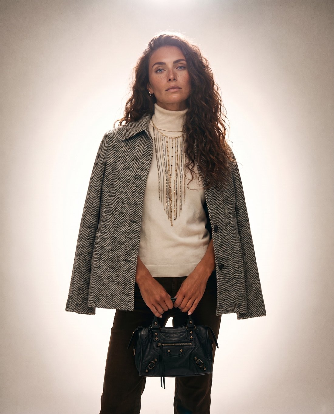 Republica — herringbone coat over a cream knit with chains, backlit