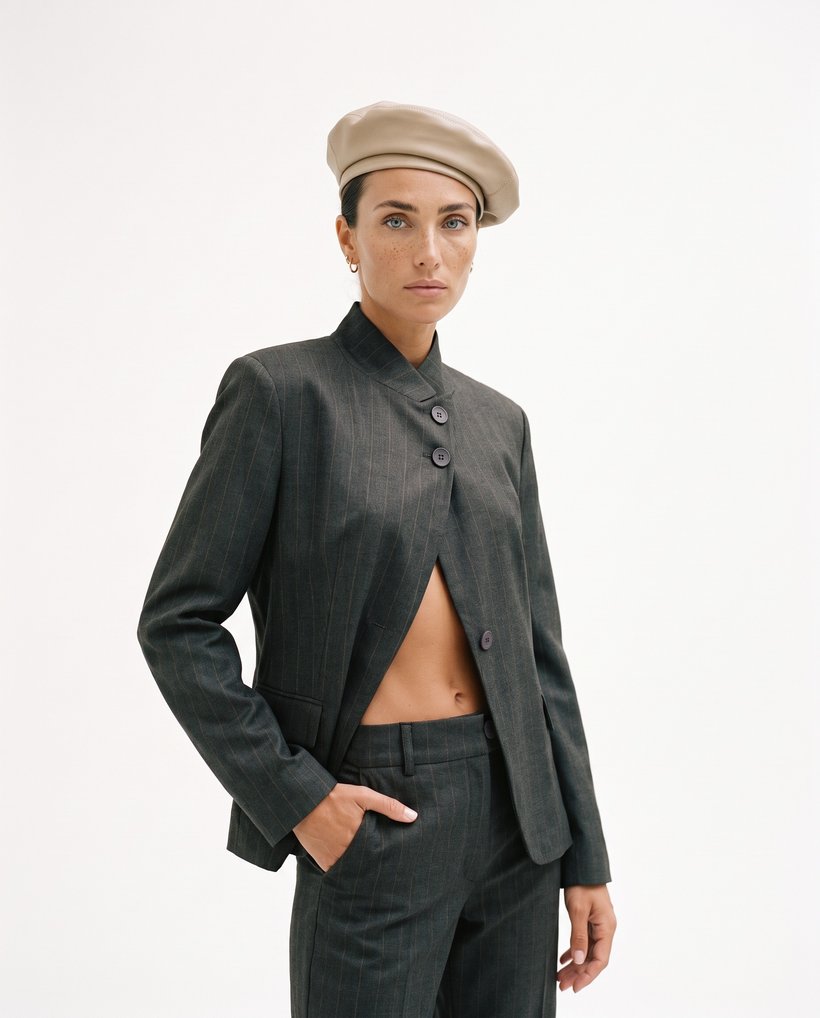 Republica — grey pinstripe suit, jacket open