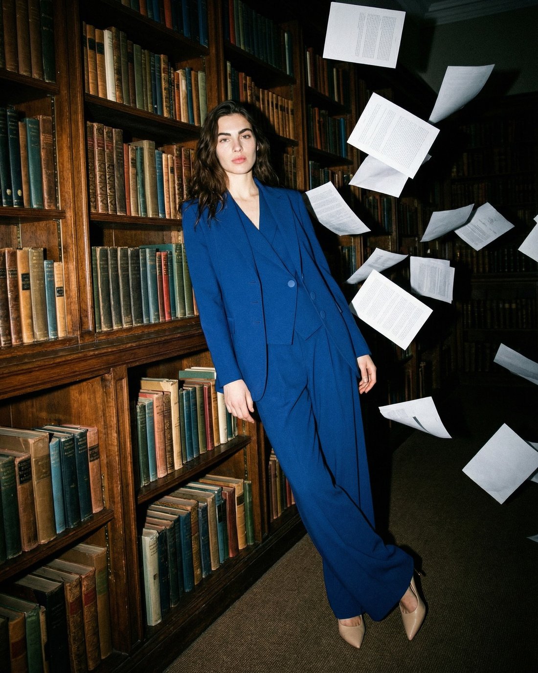 Rinascimento — AI editorial, blue suit in the library, papers in the air