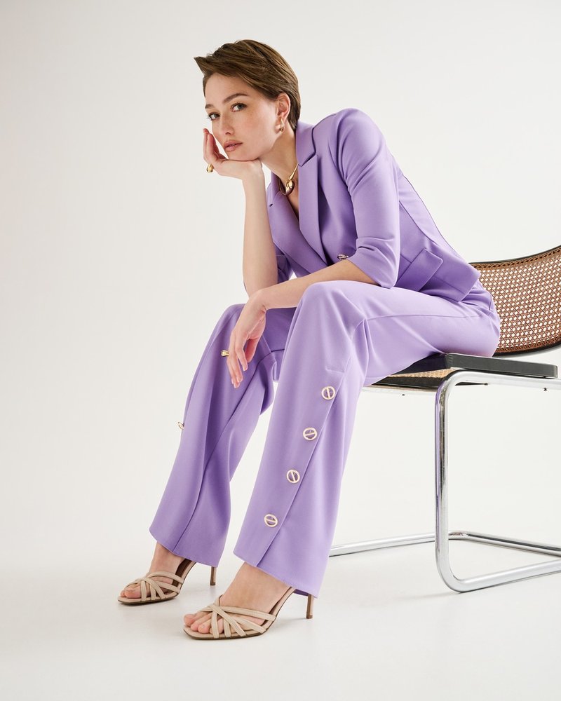 Rinascimento — editorial, lilac suit, seated