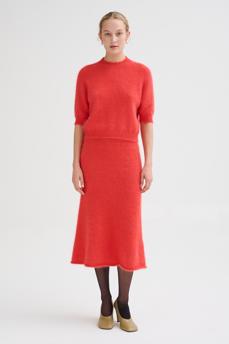 Roberto Collina — look, coral mohair top and skirt